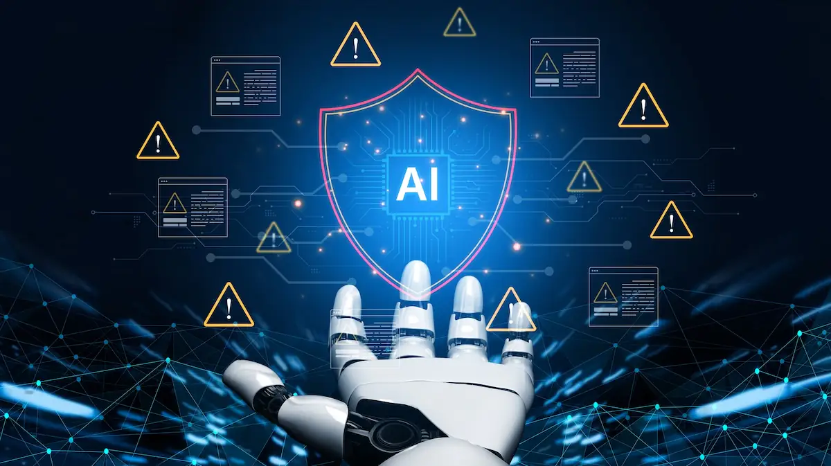 „AI“-Schrift schwebt über einer Roboterhand