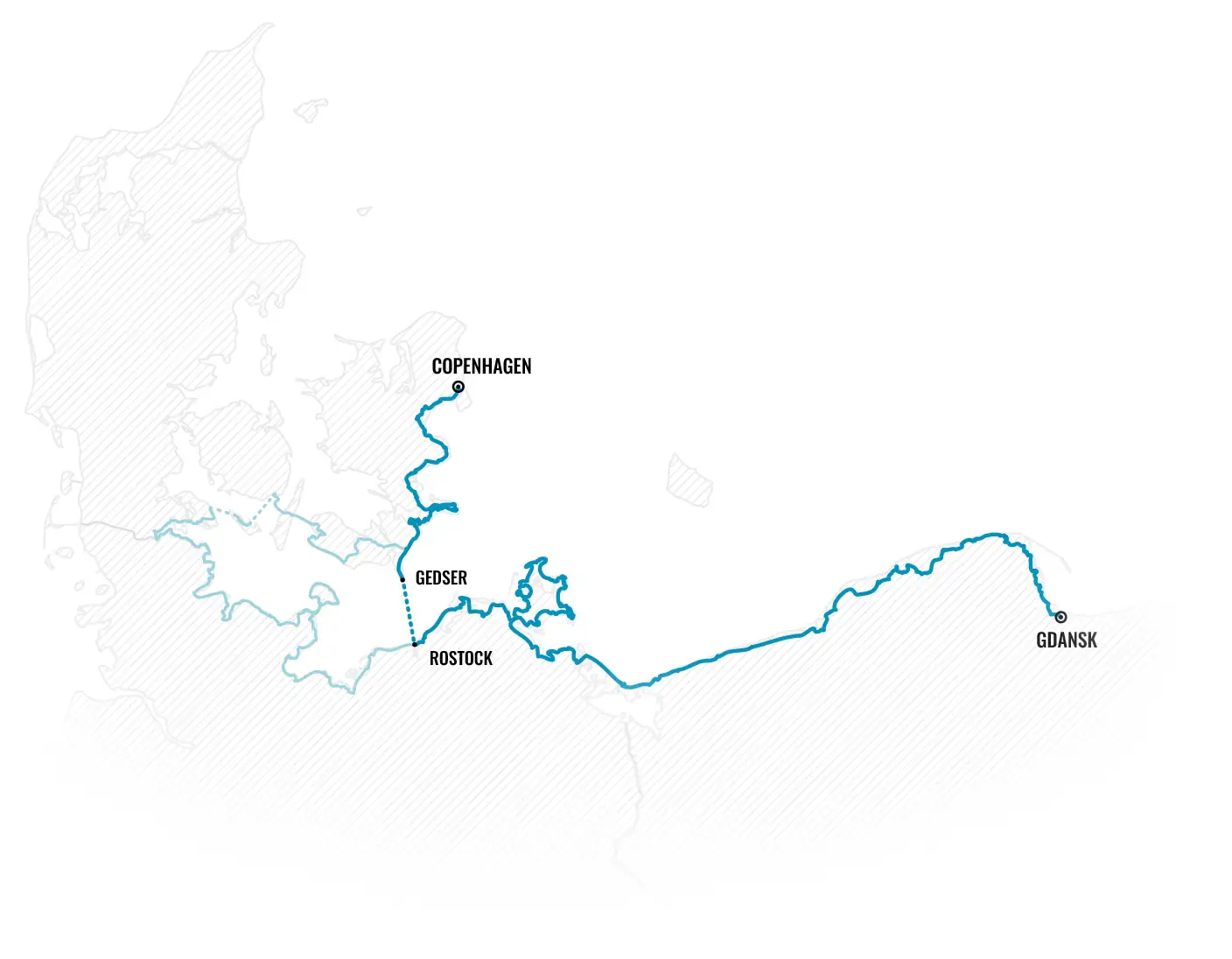 Karte zeigt Radweg von Kopenhagen nach Danzig