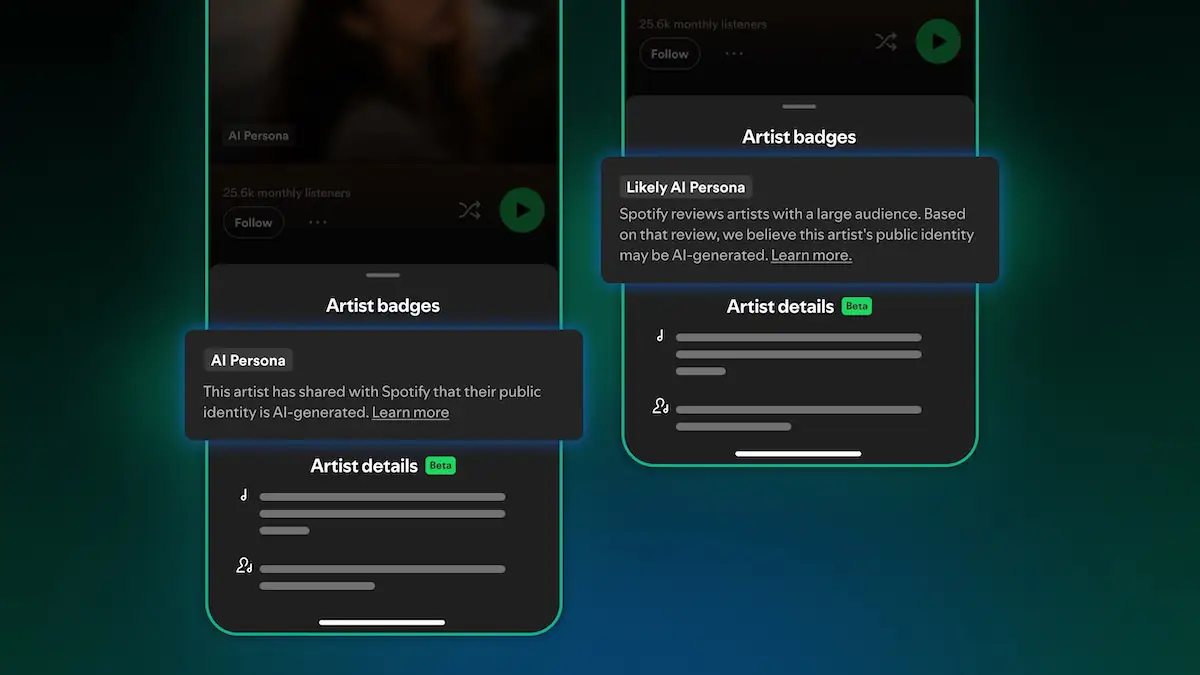 Screenshot zeigt neue „AI Persona“-Kennzeichnung bei Spotify