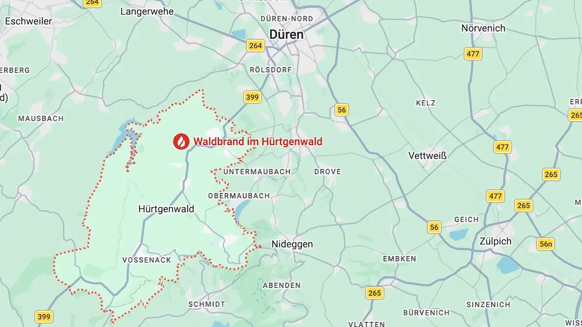Google Maps zeigt Waldbrand in Hürtgenwald