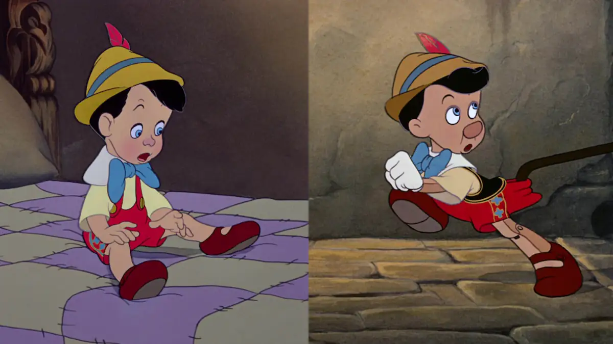 Disneys Pinocchio links als richtiger Junge ohne Handschuhe, rechts als Holzpuppe mit Handschuhen