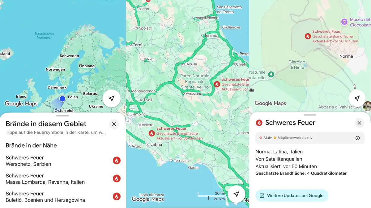 Screenshot Waldbrände Google Maps