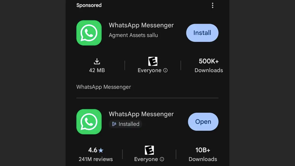Screenshot zeigt WhatsApp-Verisonen im Play Store