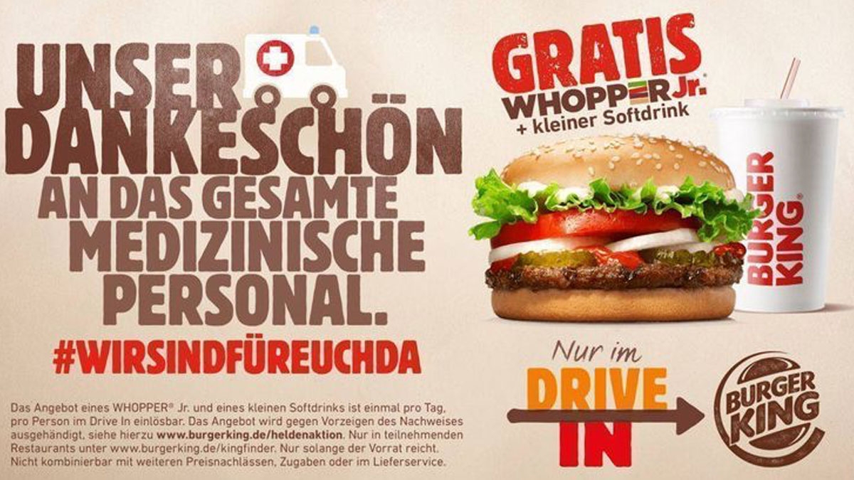Burger King: Ein Whopper Jr und ein kleines Getränk gratis für medizinisches Personal