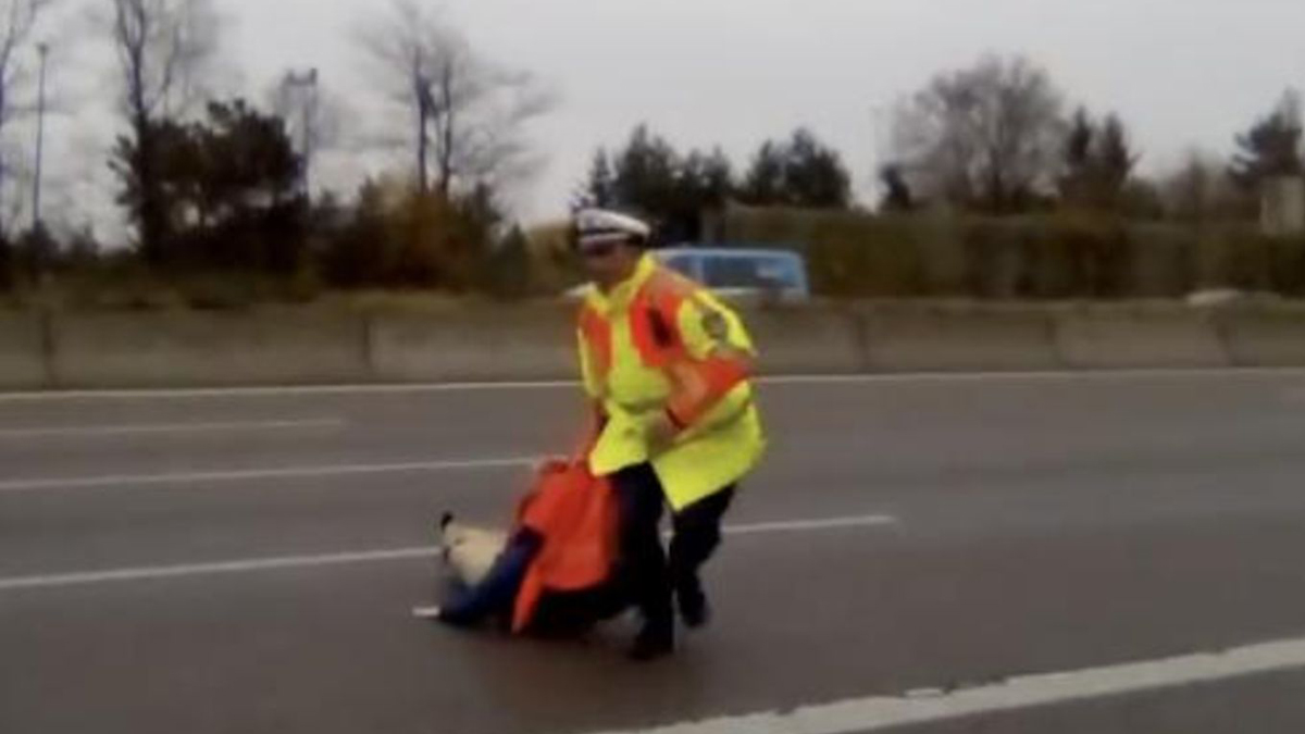 Bevor sie sich festkleben konnte: Polizist zieht Klimaaktivistin von Autobahn A9